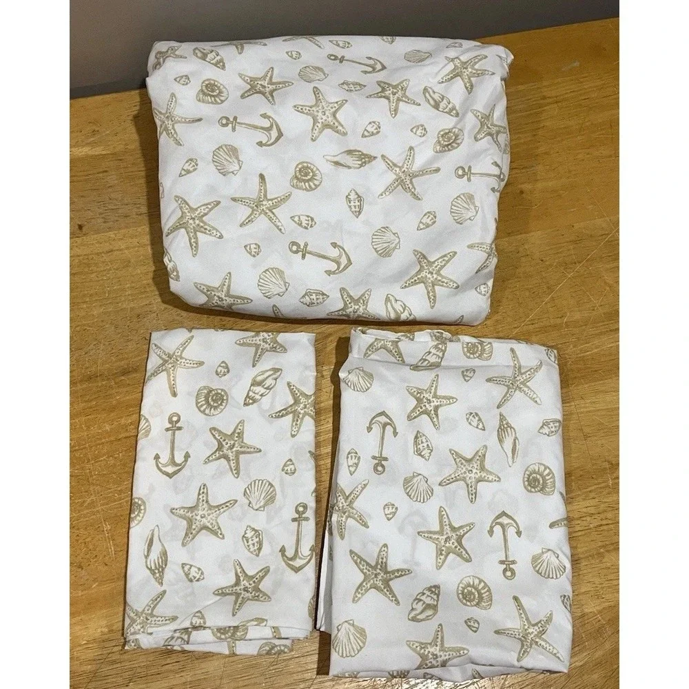 Modern Southern Home Full Sheet Nautical Anchor Tan White Fitted & 2 Pillowcases